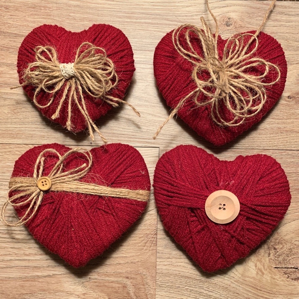Red Yarn Wrapped Hearts, Set of 4, Christmas Tree Ornaments, New Handmade